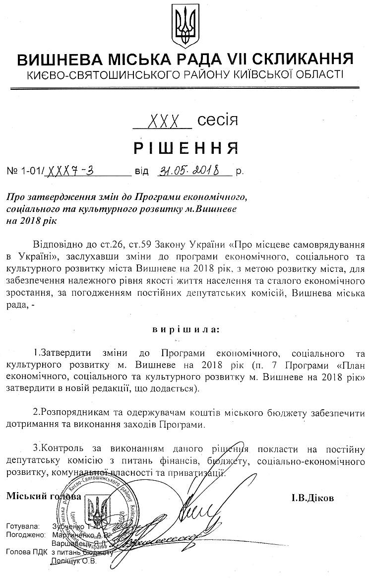 РІШЕННЯ ХХX СЕСІЇ VIІ СКЛИКАННЯ від 31.05.2018 року